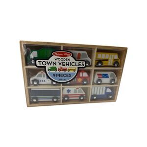 Melissa & Doug Wooden Town Vehicles Set in Wooden Tray (9 pcs) NEW